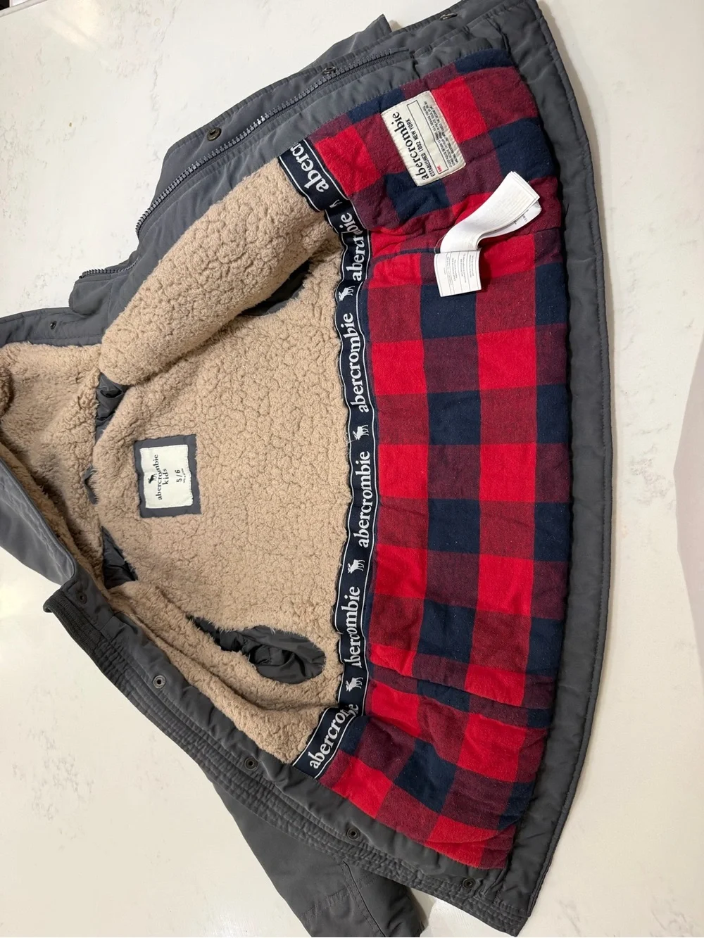 Abercrombie kids Gray Hooded Sherpa-Lined Puffer Jacket with Plaid Trim